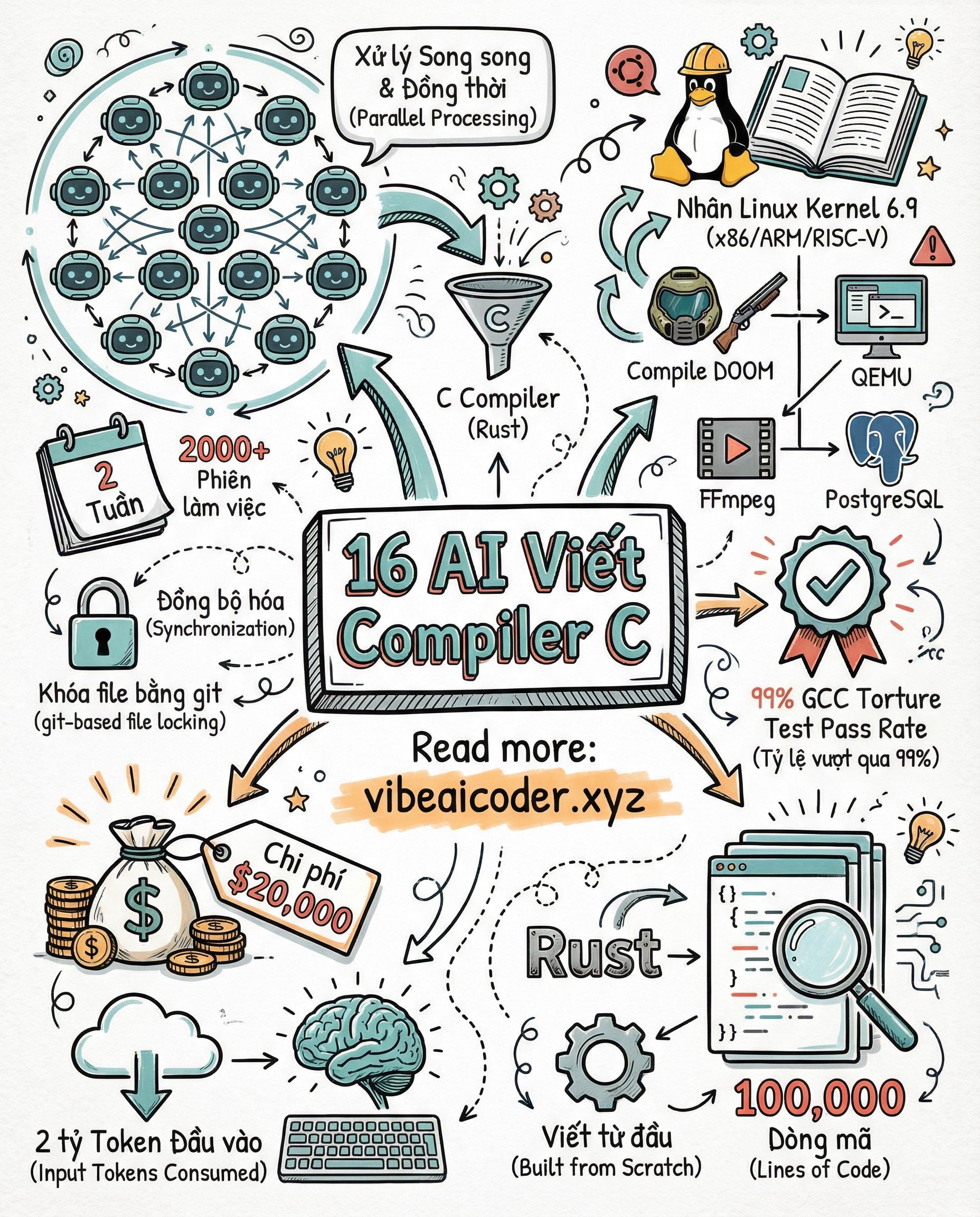 🤯 16 Con Claude Chạy Song Song Viết Compiler C Từ Đầu: 100K Dòng Code, Build Được Linux Kernel