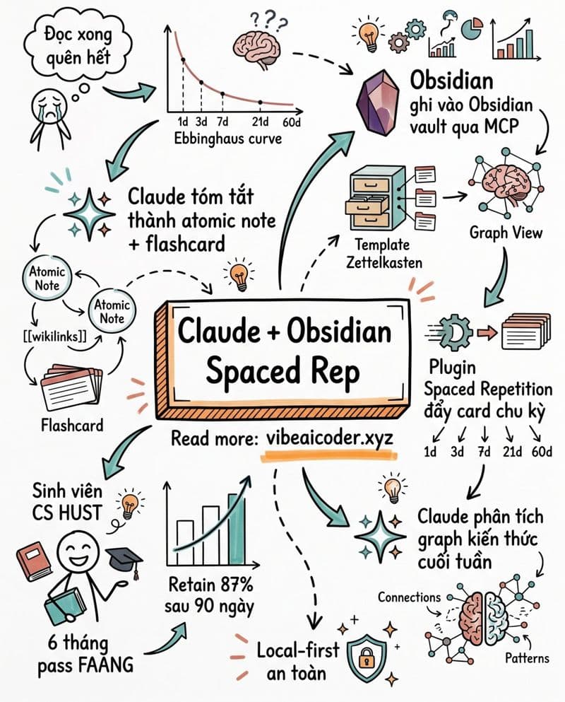 🧠 Claude + Obsidian MCP: Hệ Thống Ghi Chú Spaced Repetition Tự Động, Học Gì Cũng Nhớ 90 Ngày