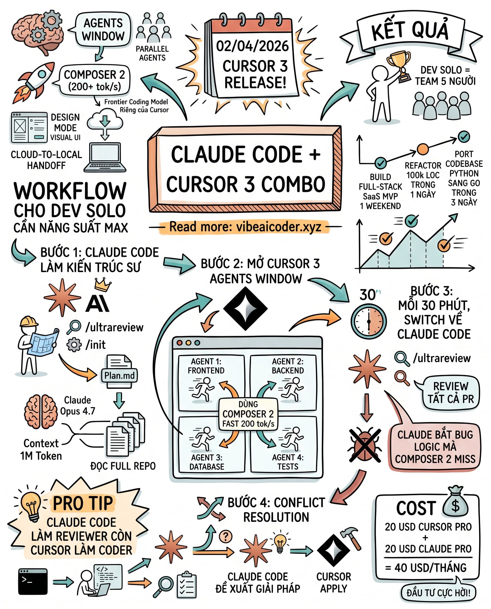🚀 Combo Claude Code + Cursor 3 Biến Dev Solo Thành Team 5 Người Chỉ Với 40 Đô