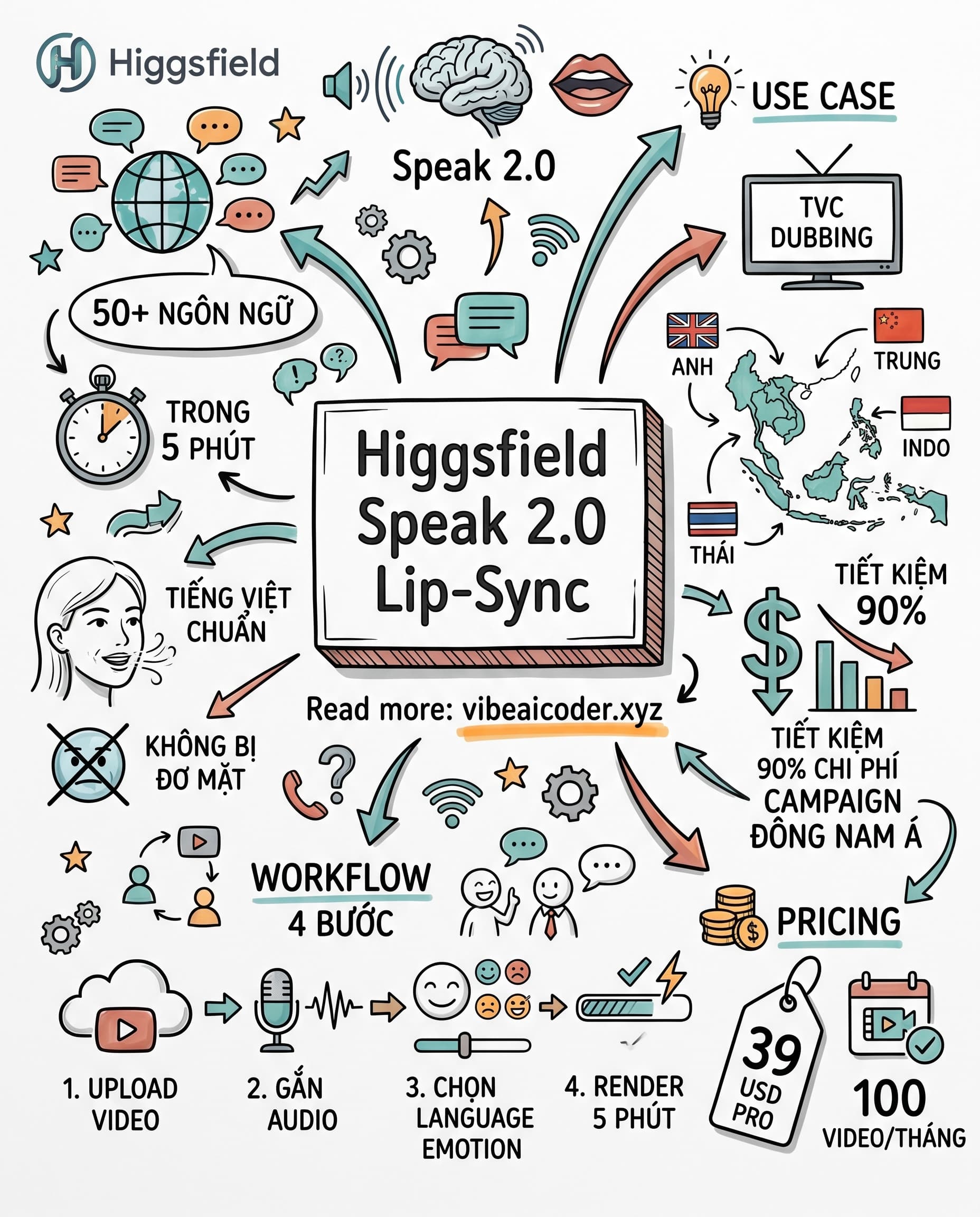 🎬 Higgsfield Speak 2.0 lip-sync tiếng Việt chuẩn 100%, dub video 50 ngôn ngữ trong 5 phút