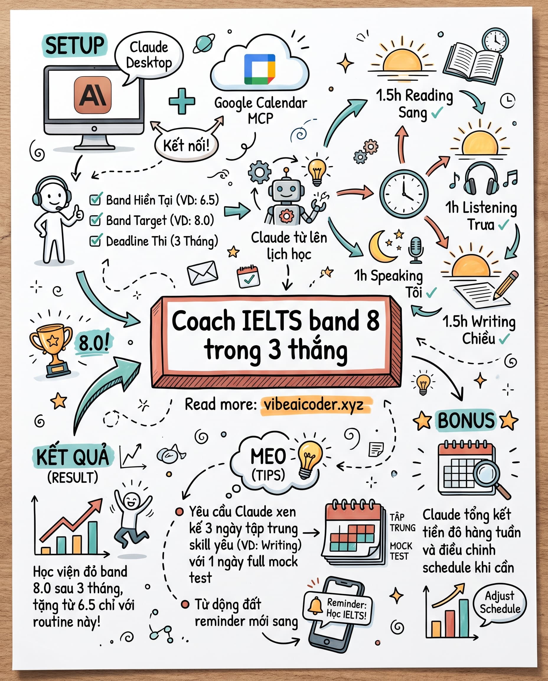 📚 Claude cộng Google Calendar MCP làm coach IELTS thông minh giúp bạn đỗ band 8 trong 3 tháng