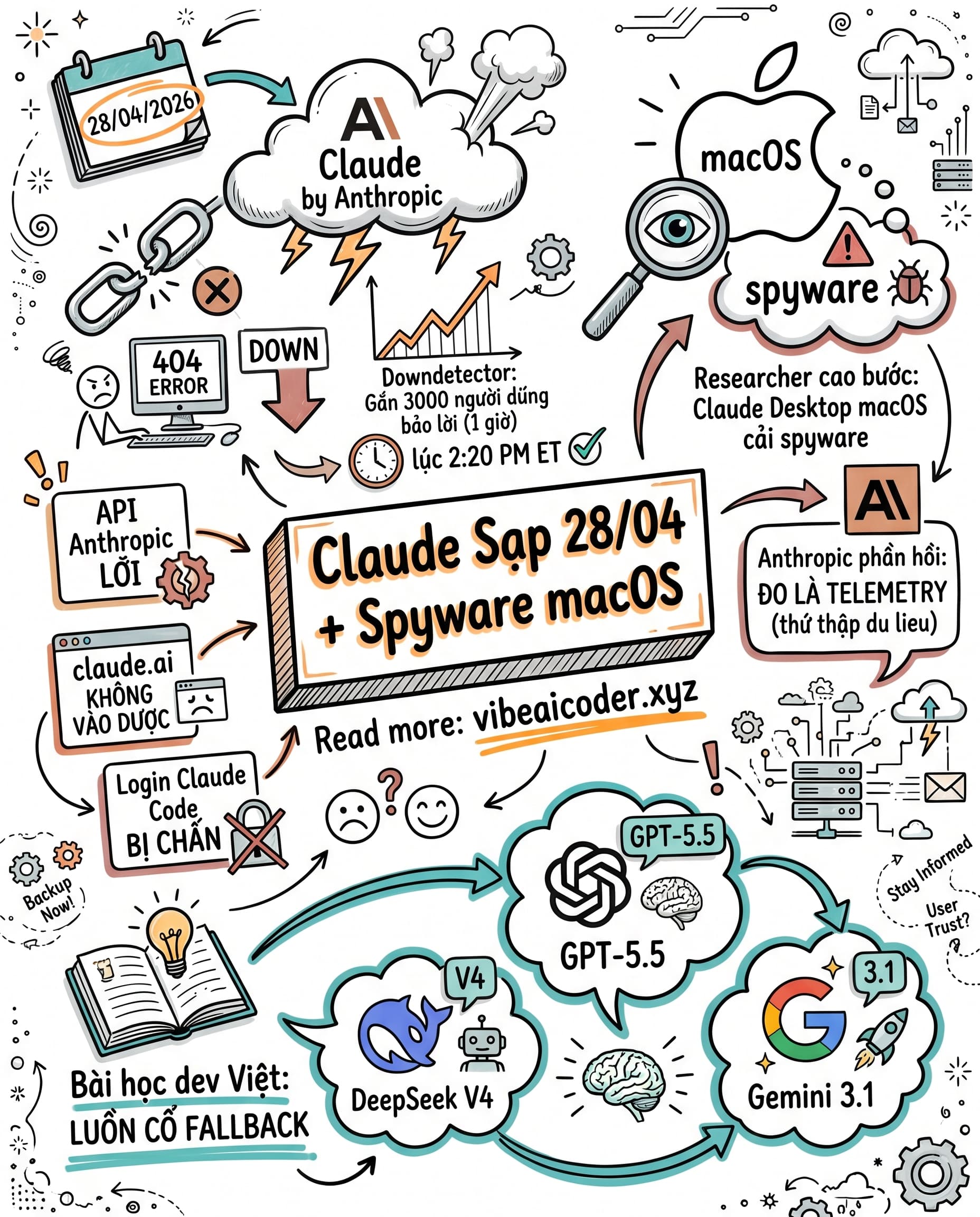 🚨 Claude sập toàn cầu 28/04: 3000 báo lỗi/giờ và nghi án spyware trên macOS gây bão cộng đồng dev