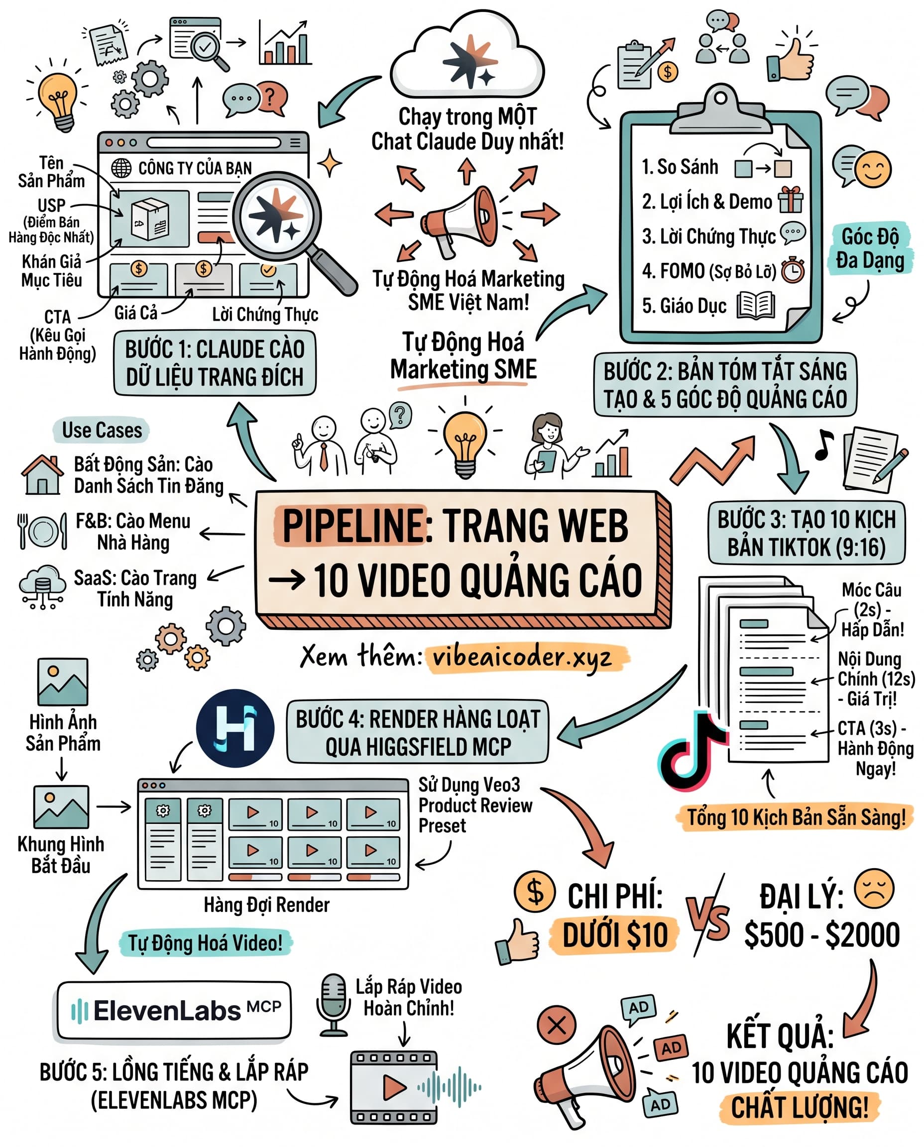 🚀 Pipeline tự động Claude đọc website đẻ ra 10 video ads chỉ với 10 phút