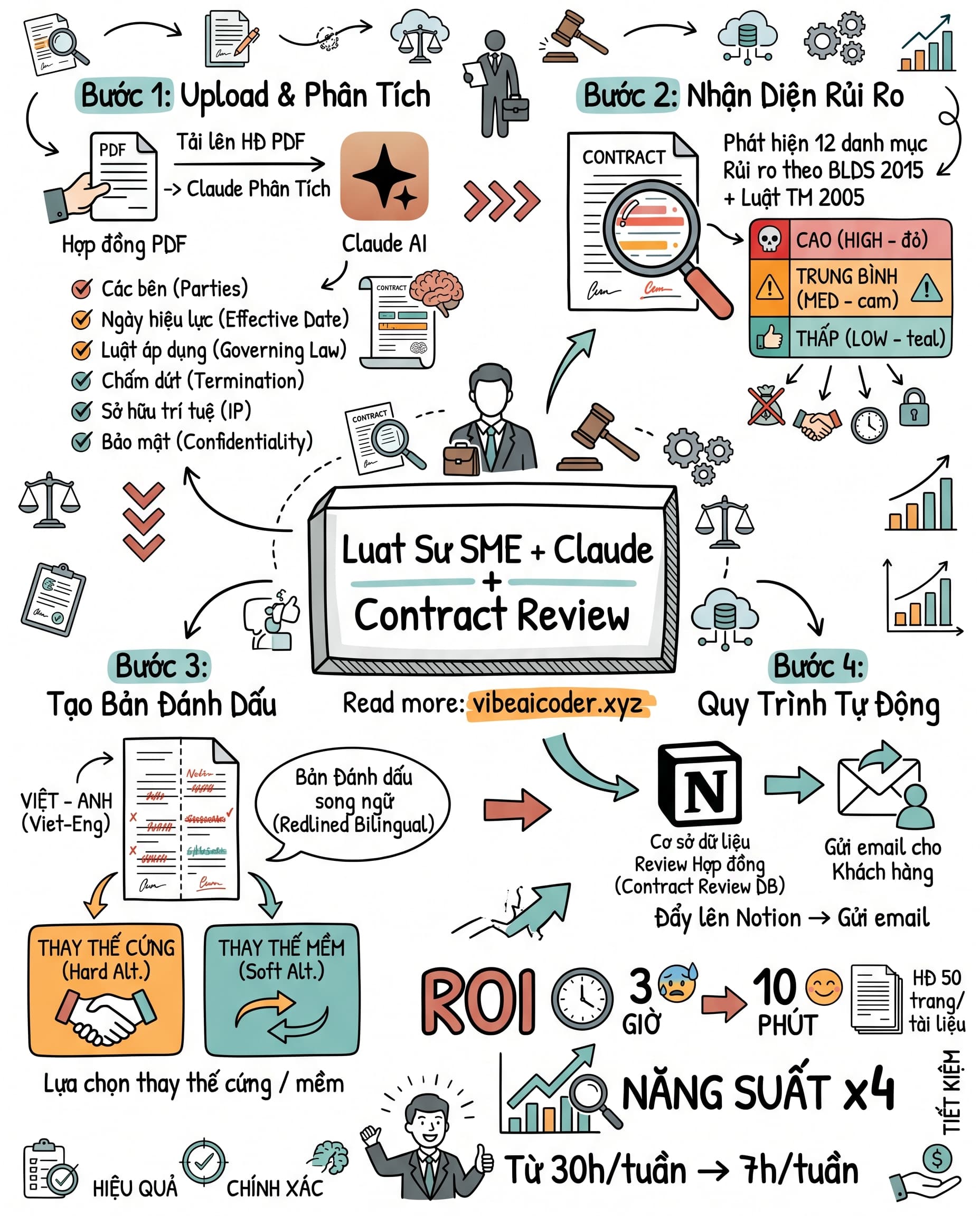 ⚖️ Claude review hợp đồng B2B 50 trang trong 10 phút luật sư SME Việt tiết kiệm 23 giờ mỗi tuần