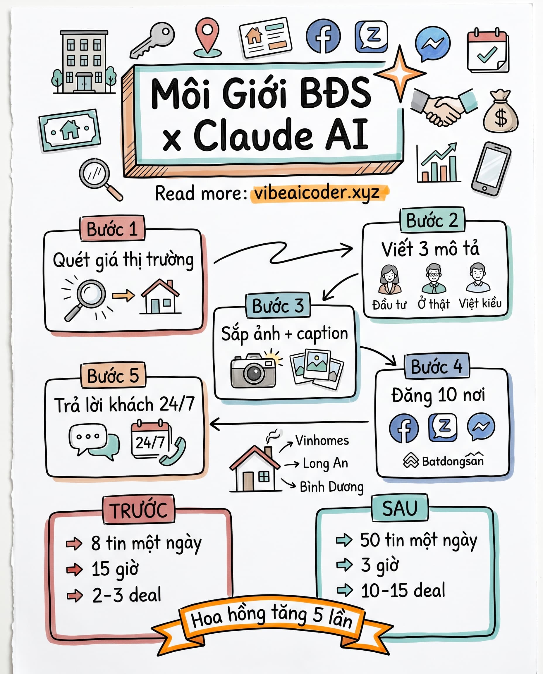 🏠 Môi giới BĐS Việt Claude scrape Batdongsan viết 100 listing auto-post 5 group Facebook đóng deal gấp 5