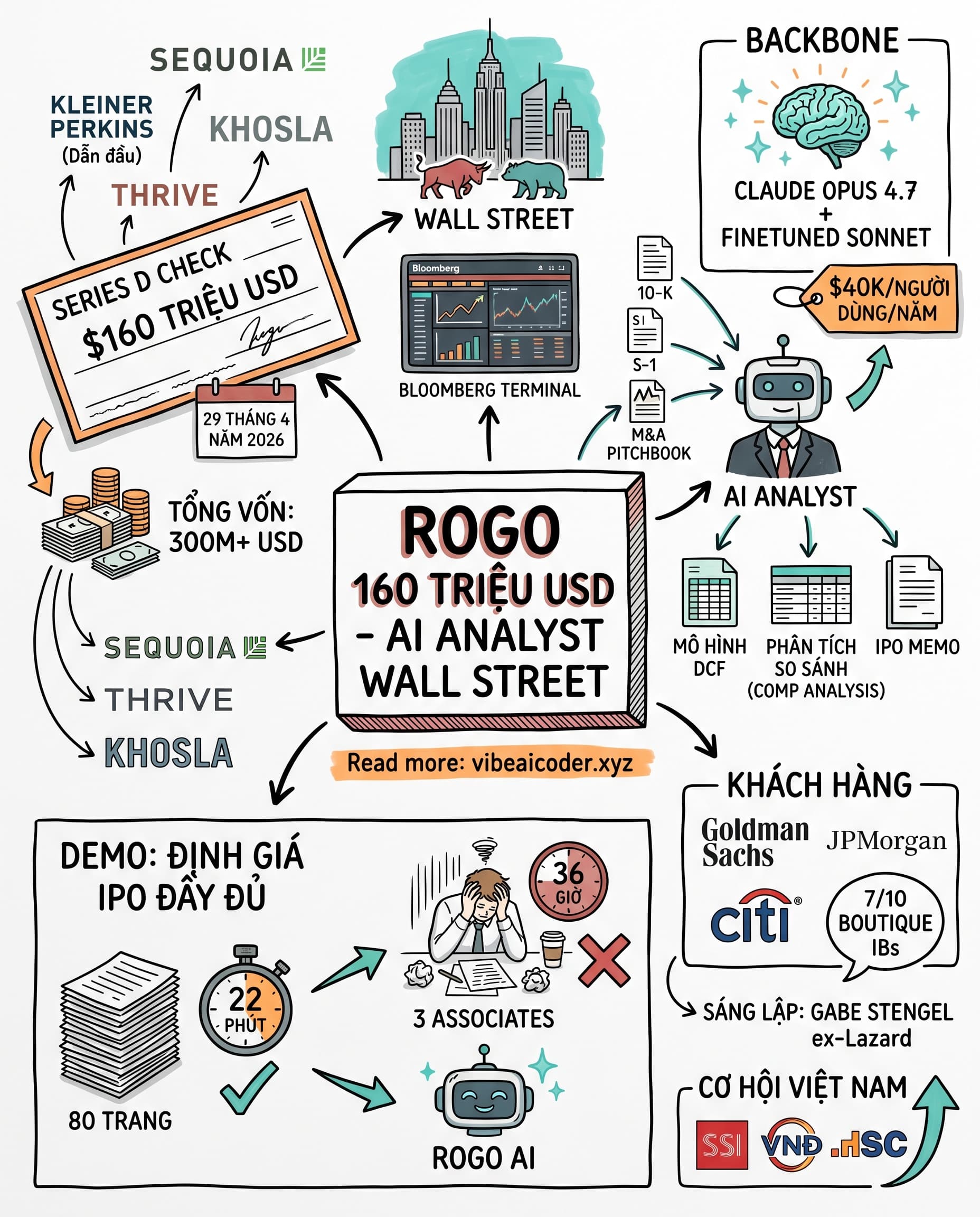 🏦 Rogo gọi vốn 160 triệu USD: AI Analyst làm IPO deck 22 phút thay 3 associate Wall Street