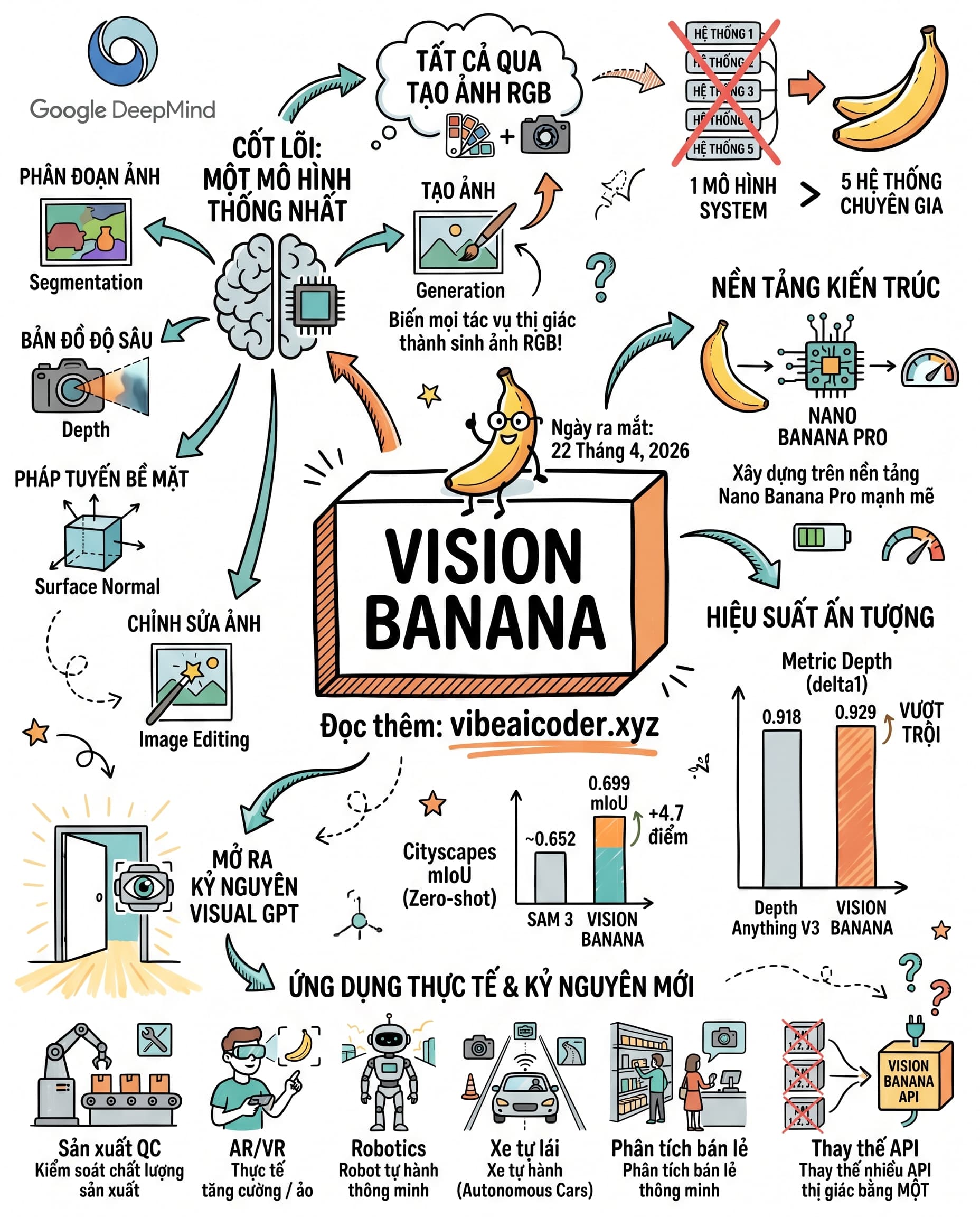 🍌 Vision Banana: 1 model Google DeepMind đánh bại 5 hệ AI thị giác chuyên biệt