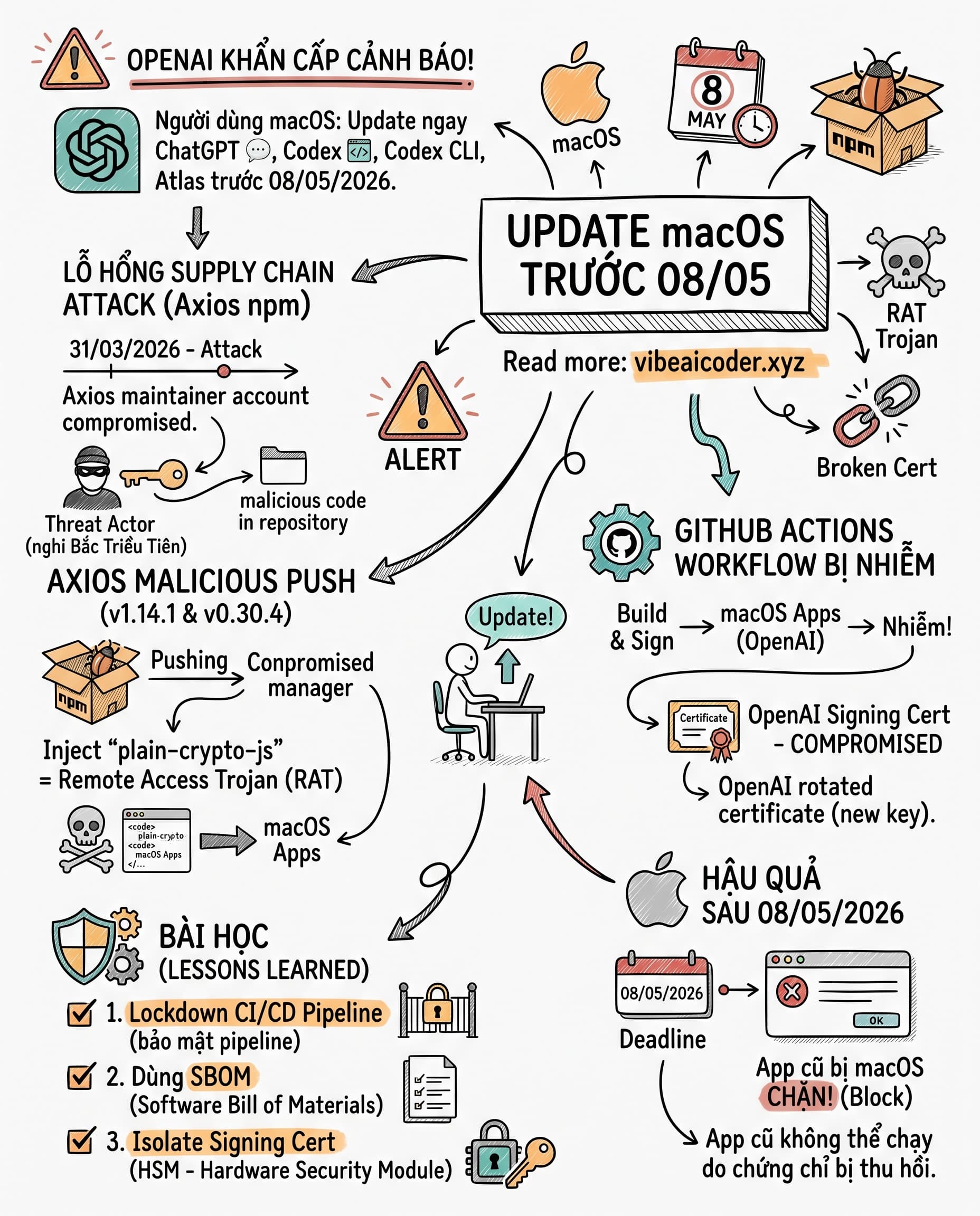 🚨 OpenAI cảnh báo KHẨN: Update macOS ChatGPT/Codex/Atlas trước 08/05 vì lỗ hổng Axios