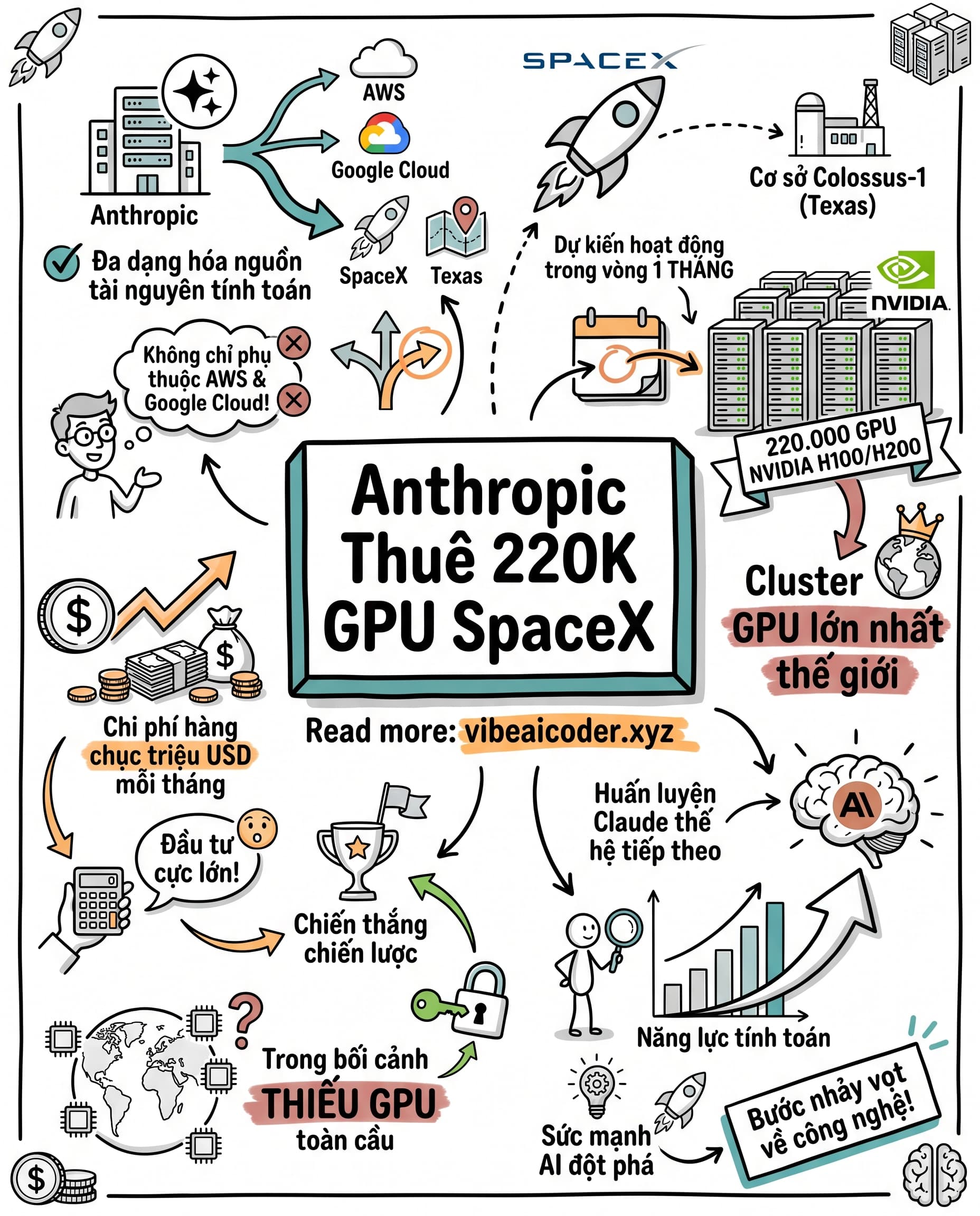 🔥 Anthropic Thuê 220.000 GPU của SpaceX: Claude Sắp Bứt Phá Ngoạn Mục?