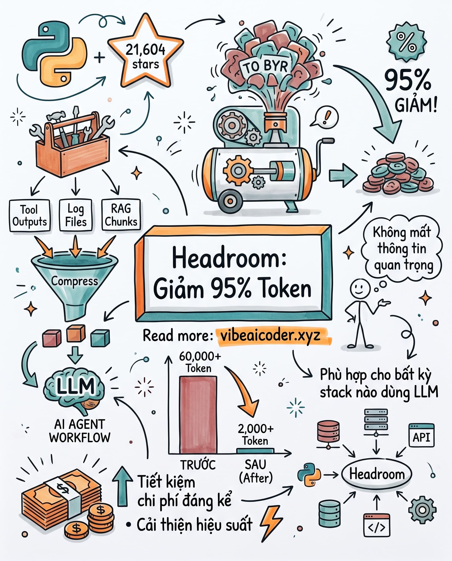 🗜️ Headroom: Công cụ Python giúp giảm 60-95% token LLM chỉ vài dòng code