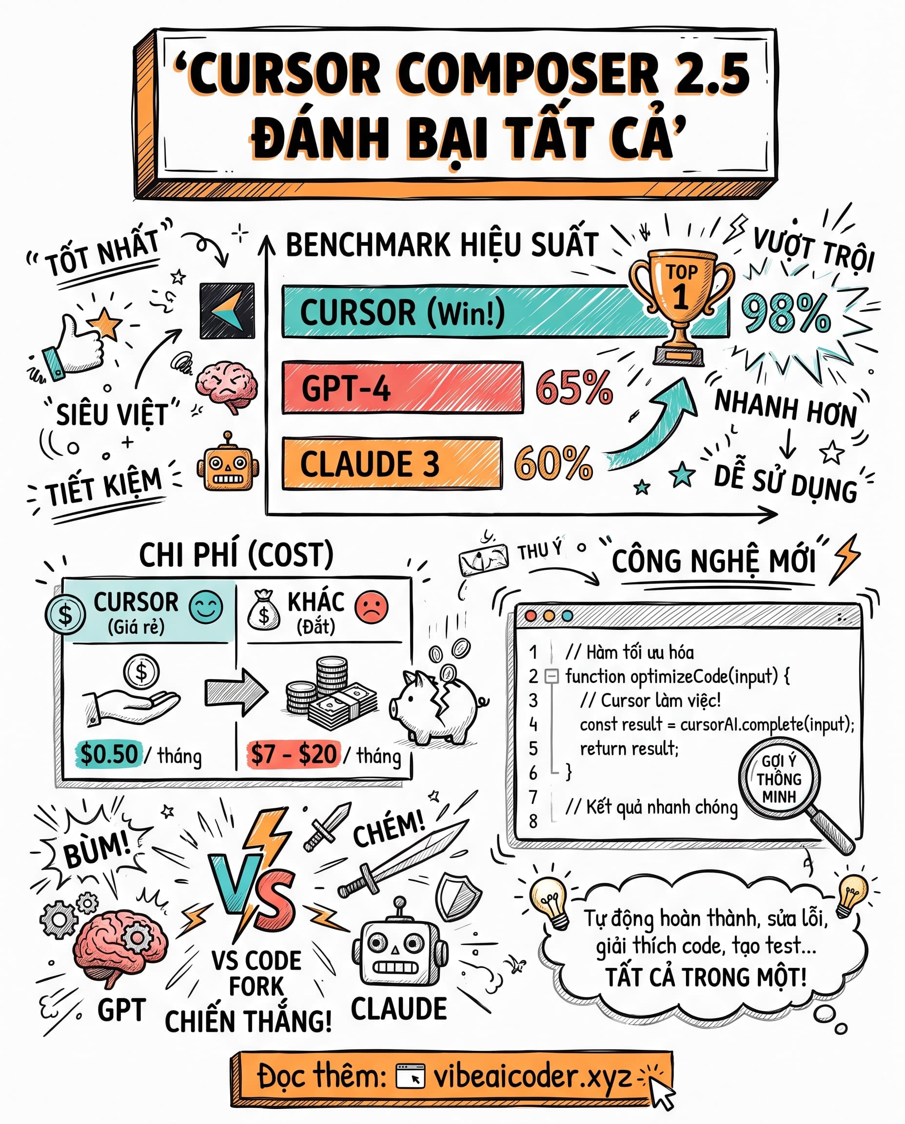 🚀 Cursor Composer 2.5 Vừa Đánh Bại Tất Cả: Rẻ Hơn 14 Lần, Benchmark Vượt GPT-5.5