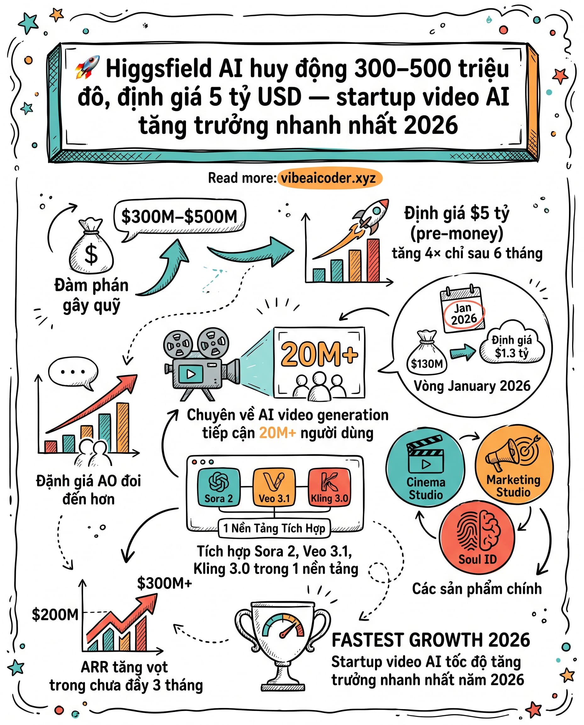 🚀 Higgsfield AI huy động 300–500 triệu đô, định giá 5 tỷ USD — startup video AI tăng trưởng nhanh nhất 2026