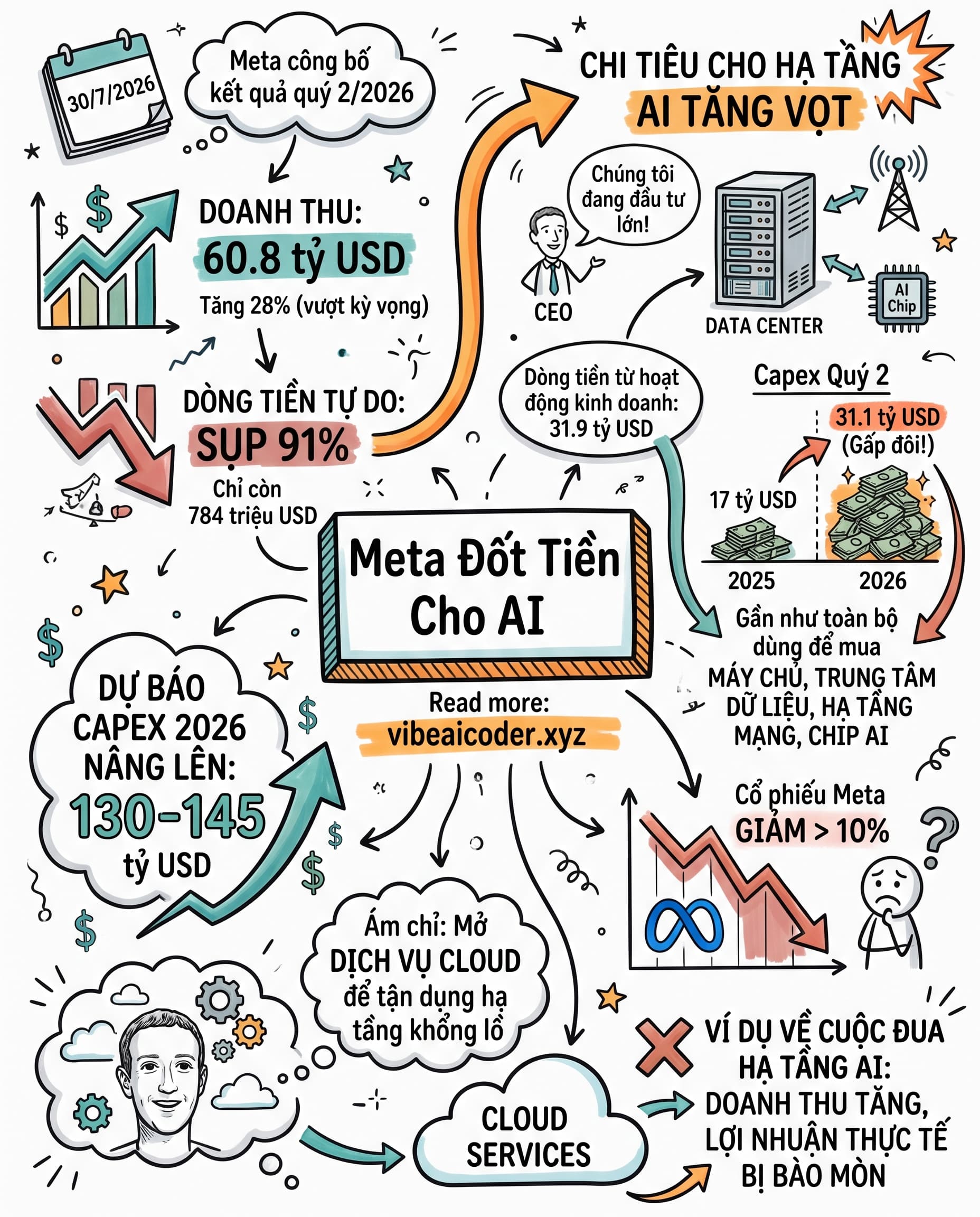 📉 Meta lãi lớn nhưng dòng tiền tự do sụp 91% vì đốt tiền AI