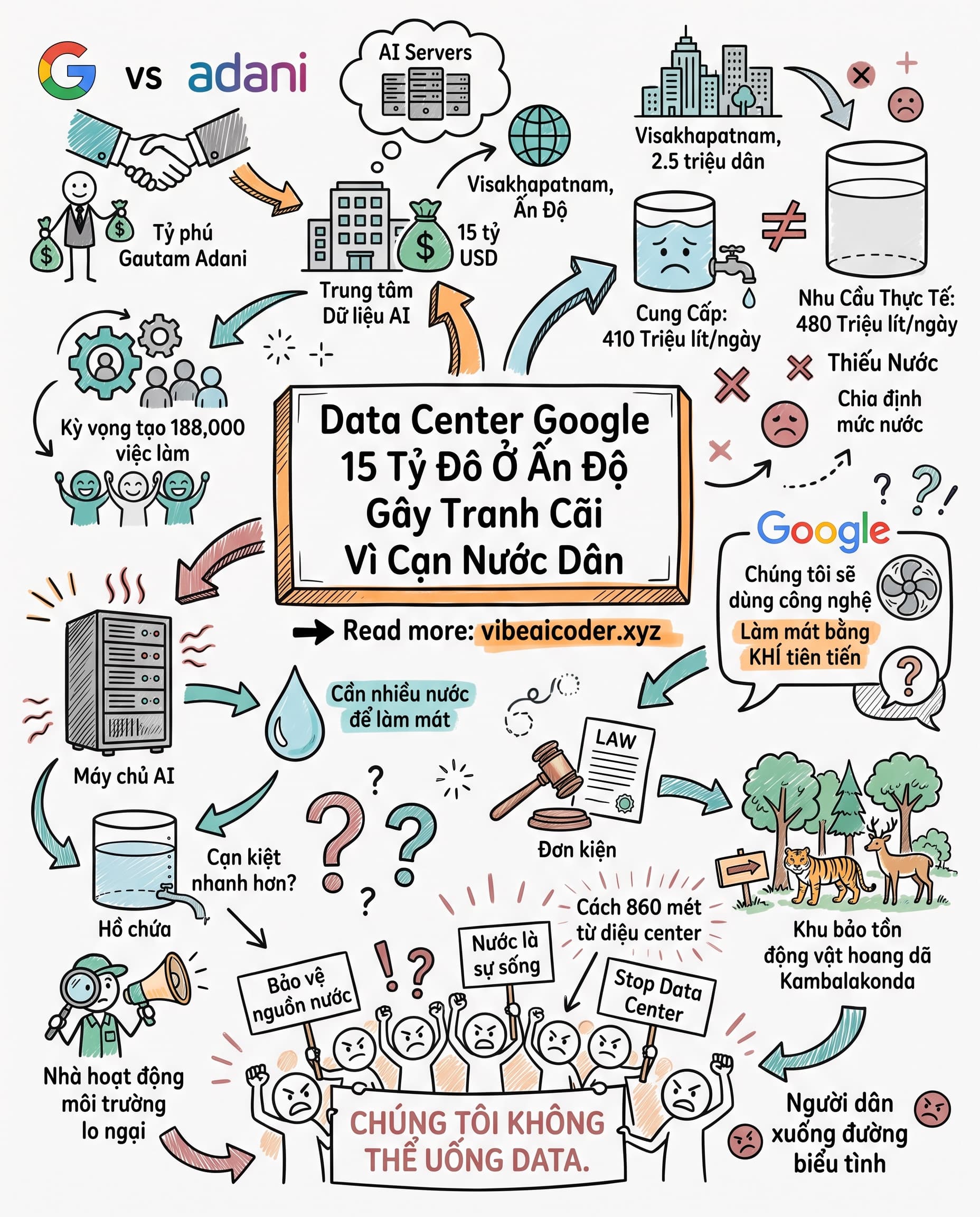 🚨 Data Center Google 15 Tỷ Đô Ở Ấn Độ Gây Tranh Cãi Vì Cạn Nước Dân
