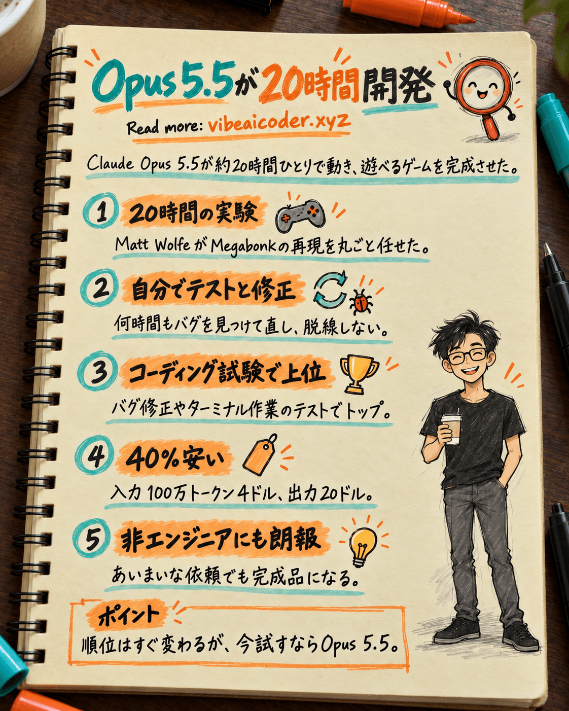 Opus 5.5が20時間ぶっ通しで一人でゲームを作り上げた、今いちばんのコーディングAIと呼ぶ声も