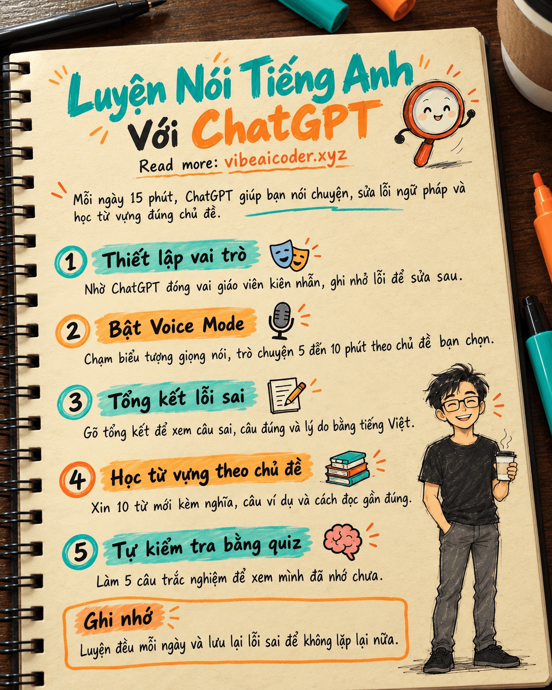 🗣️ Dùng ChatGPT luyện nói tiếng Anh mỗi ngày: sửa lỗi ngữ pháp và học từ vựng theo chủ đề trong 15 phút