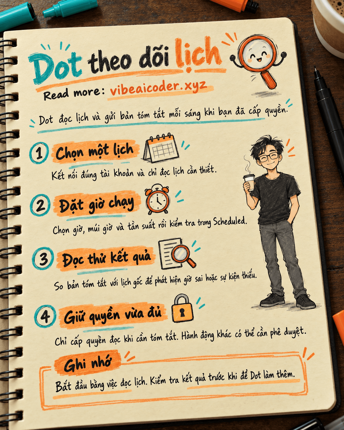 Dùng Dot để theo dõi lịch hằng ngày: chọn ứng dụng, lịch chạy và quyền hành động