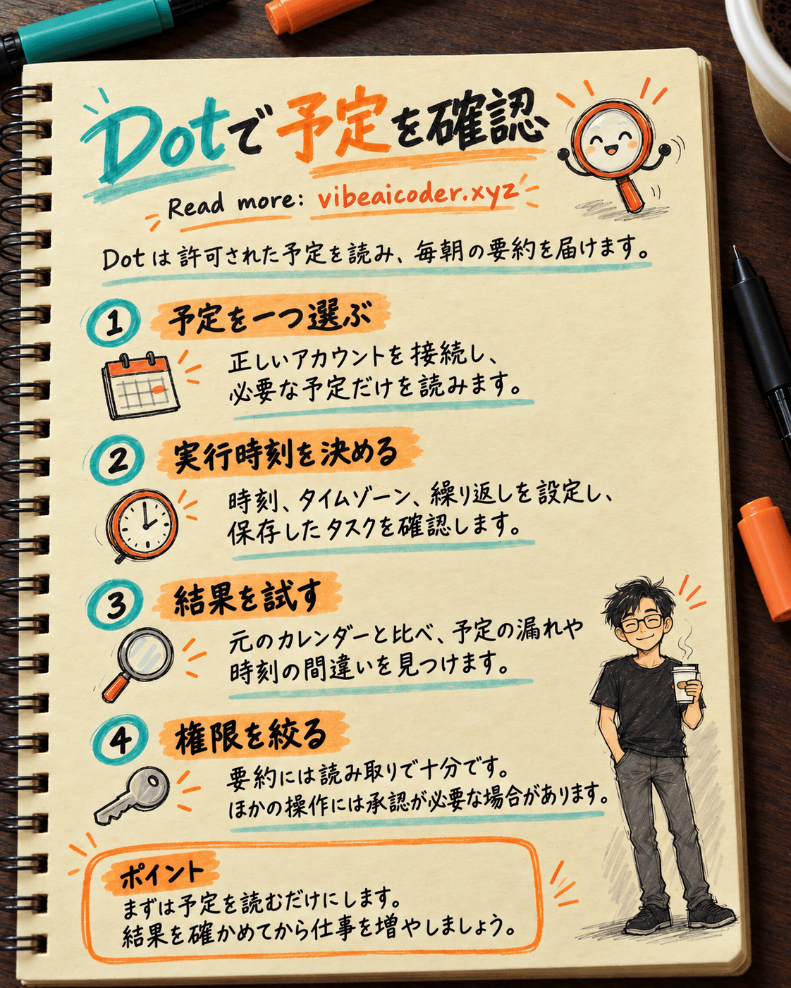 Dotで毎日の予定を確認する方法: アプリ接続、実行時刻、権限の設定