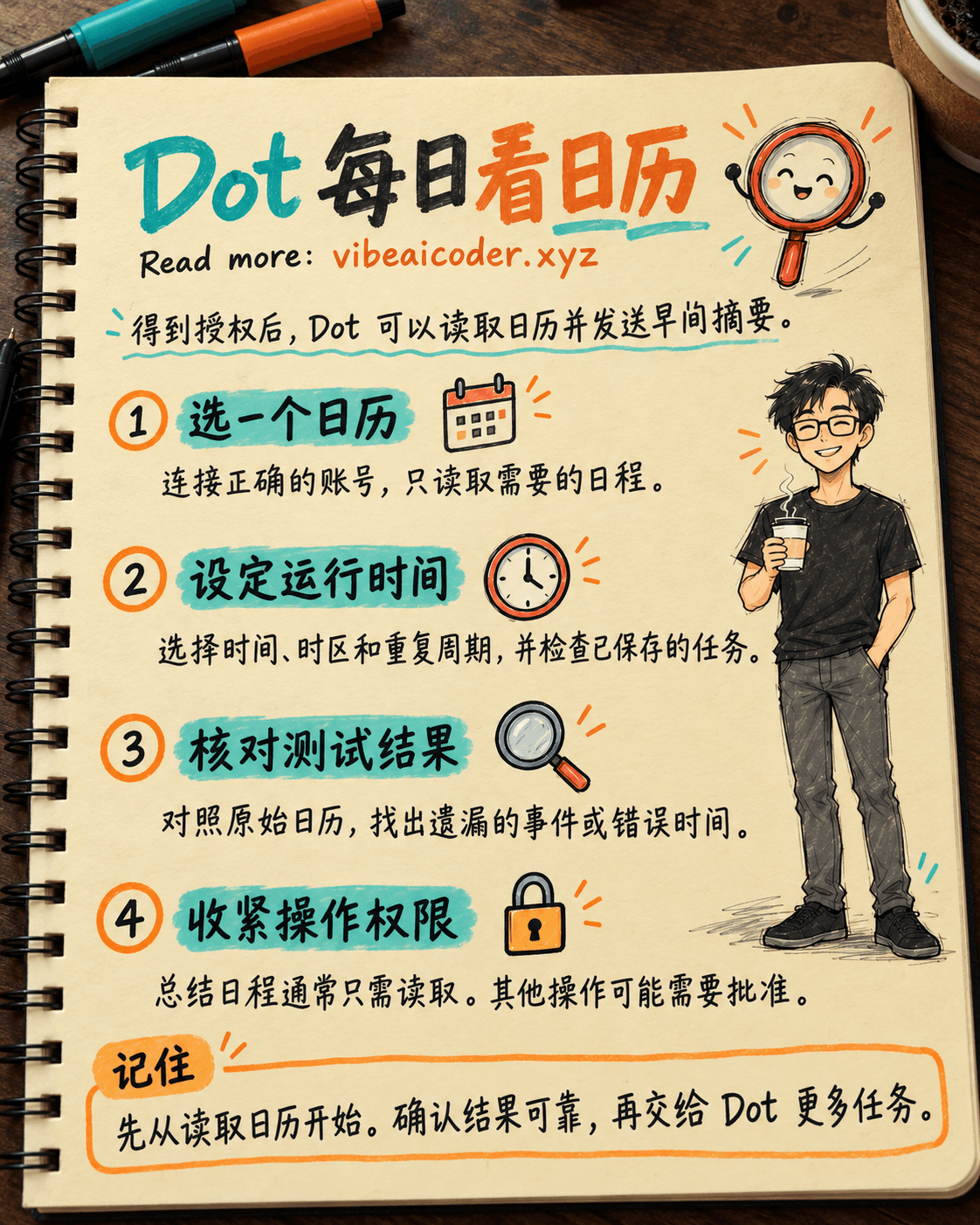 用 Dot 每天查看日历：连接应用、设置时间与操作权限