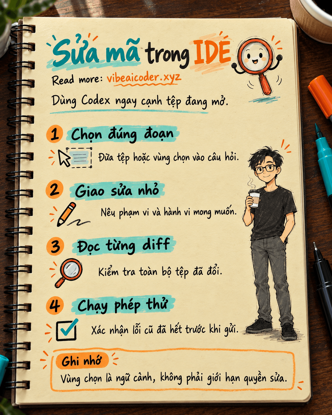 Dùng Codex IDE extension để sửa mã ngay trong editor và kiểm tra trước khi gửi