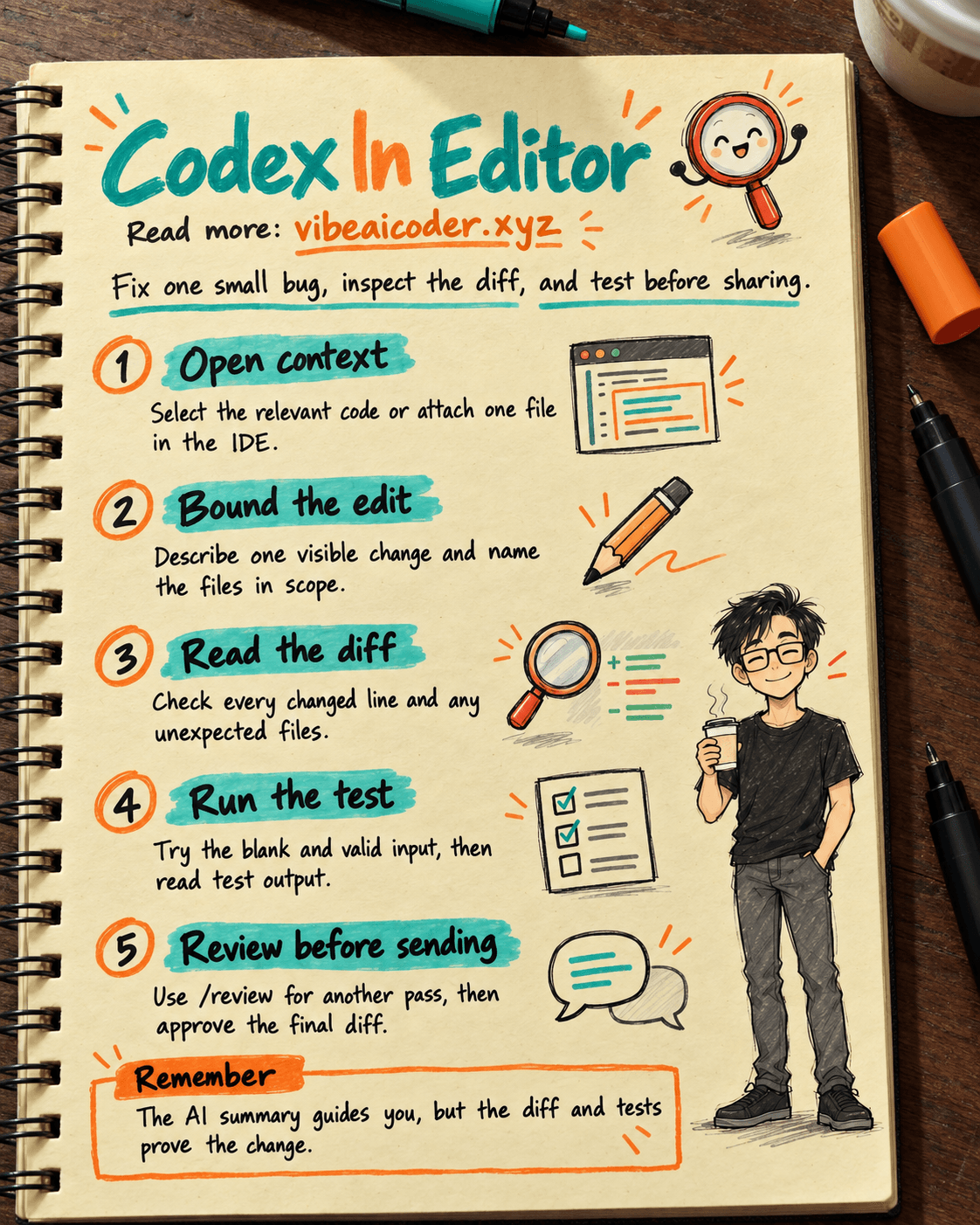 Use Codex IDE to edit code and review changes before sharing