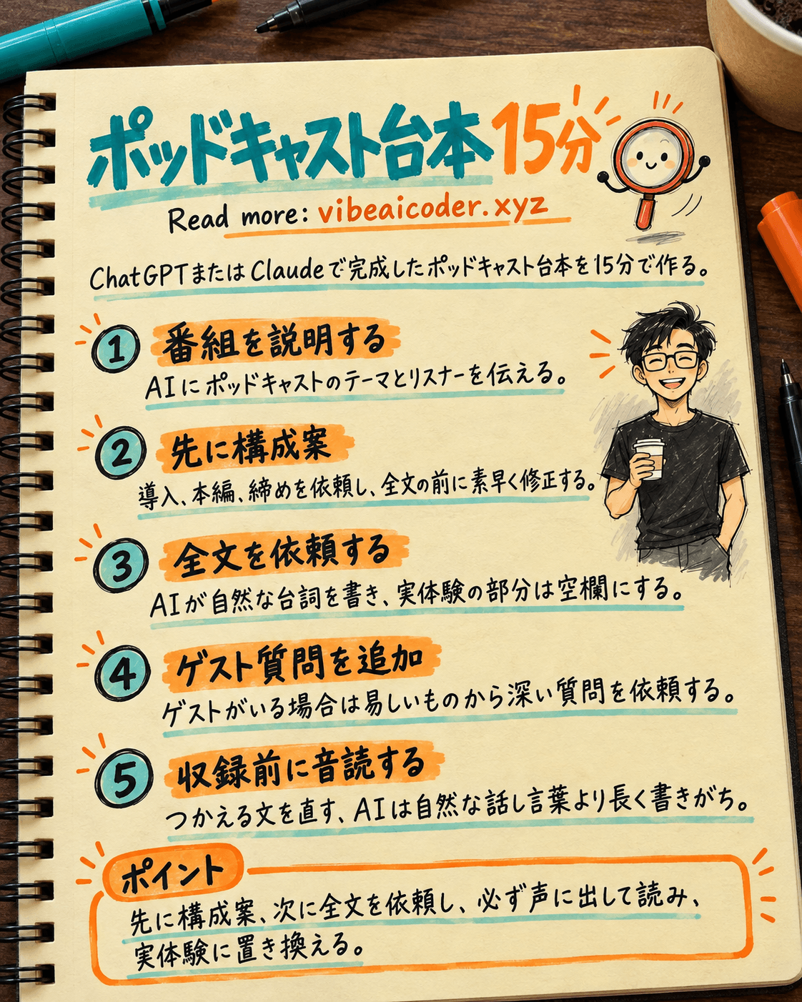 ChatGPTまたはClaudeでポッドキャストの台本を15分で作る方法