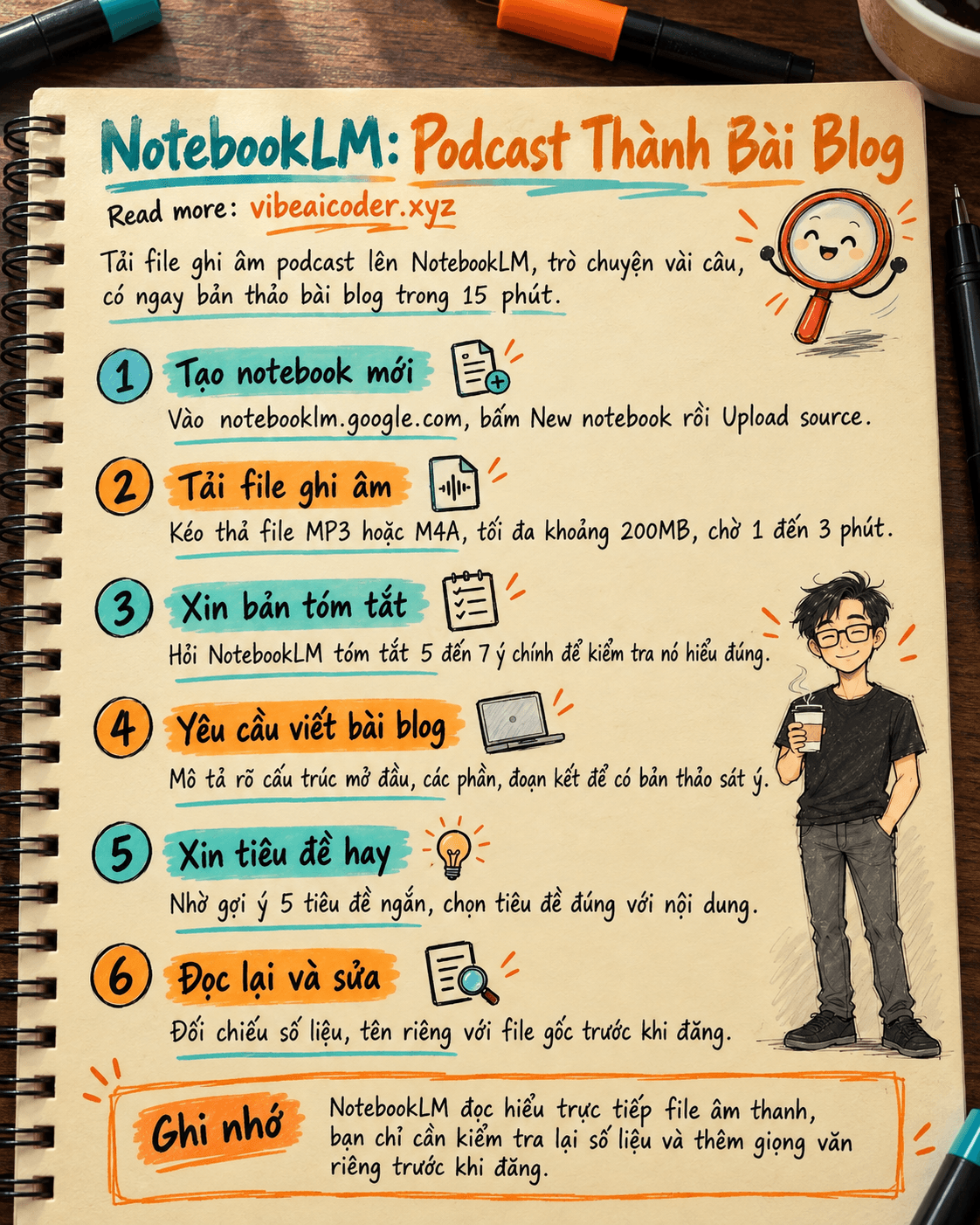 Dùng NotebookLM để biến file ghi âm podcast thành bài viết blog trong 15 phút