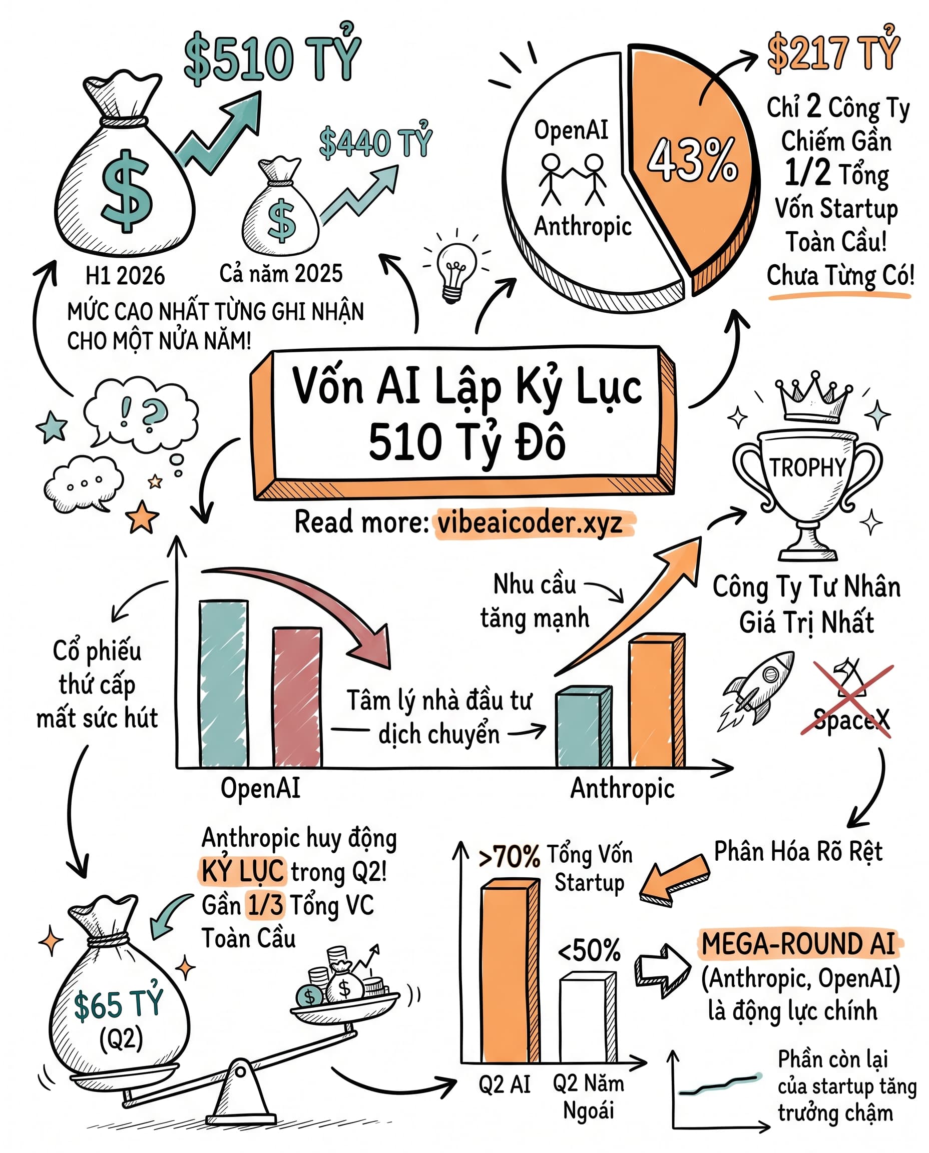 💰 43% vốn AI toàn cầu chỉ chảy vào 2 cái tên trong 6 tháng