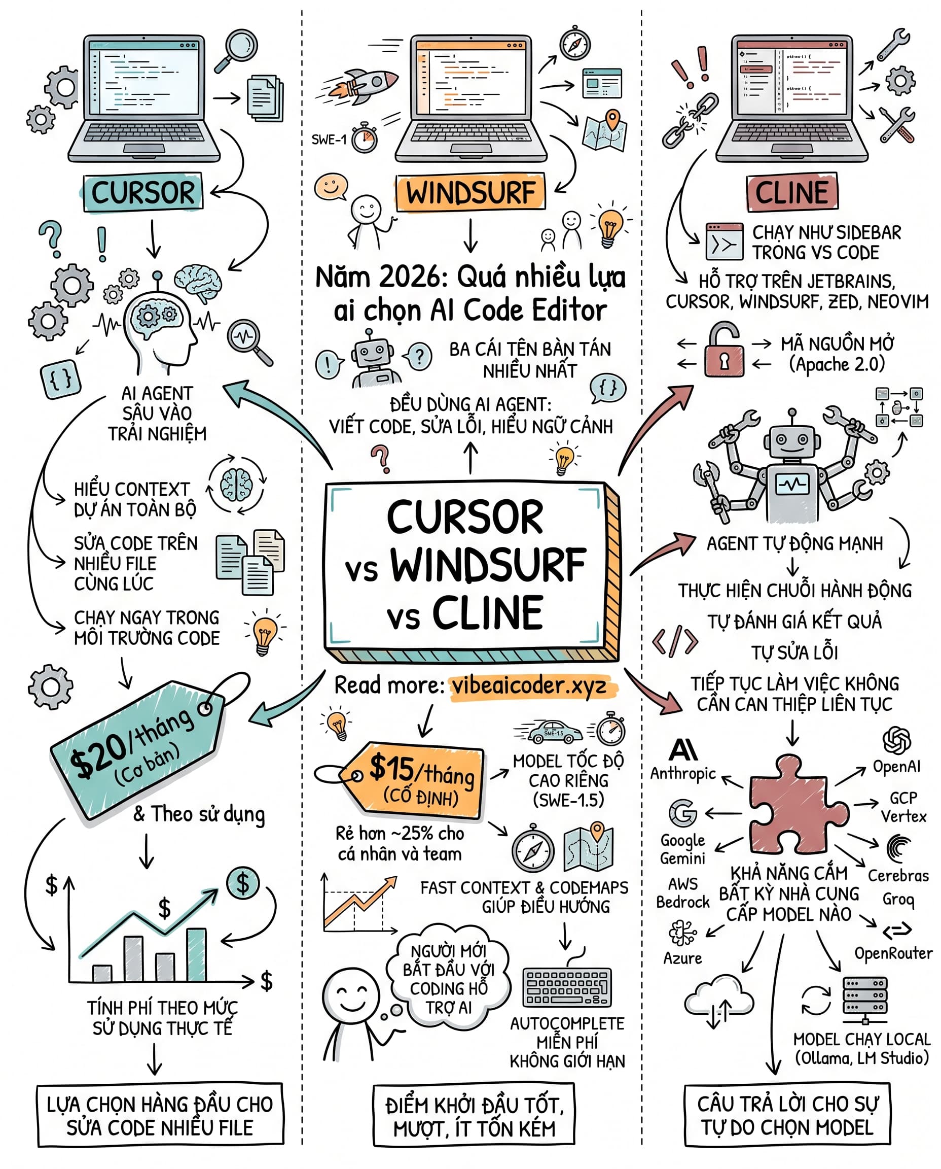 🥊 Cursor vs Windsurf vs Cline: chọn nhầm là tốn tiền cả năm