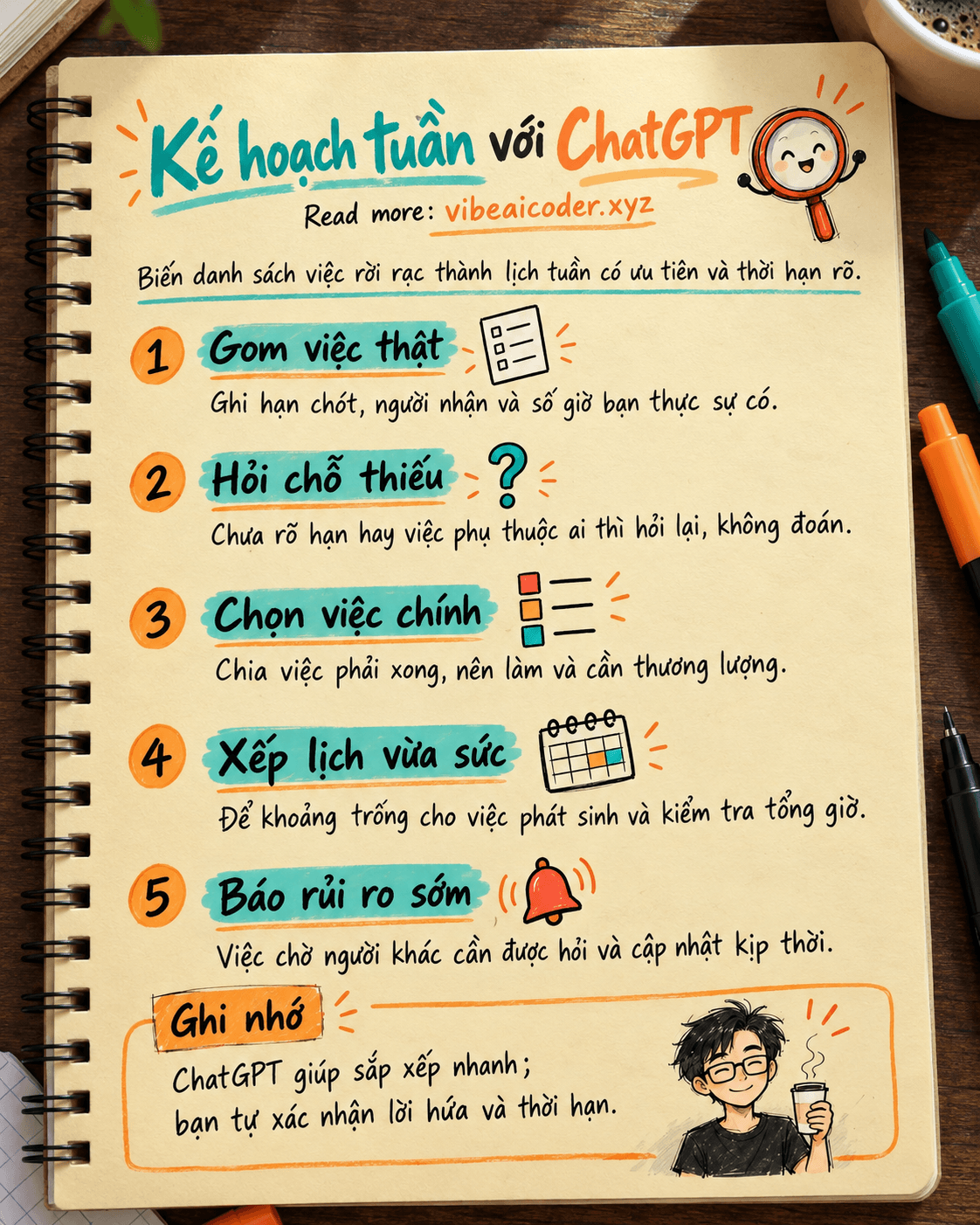📅 Dùng ChatGPT lập kế hoạch tuần: Chốt ưu tiên, thời hạn và rủi ro